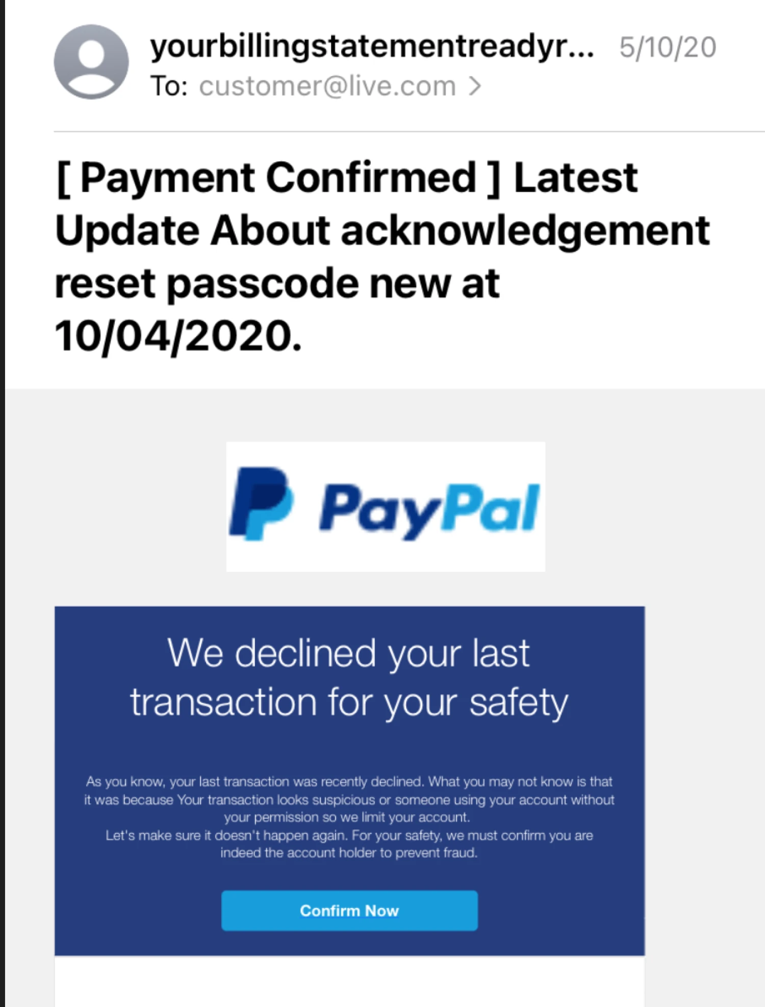 A fake email allegedly from PayPal. Focus Care