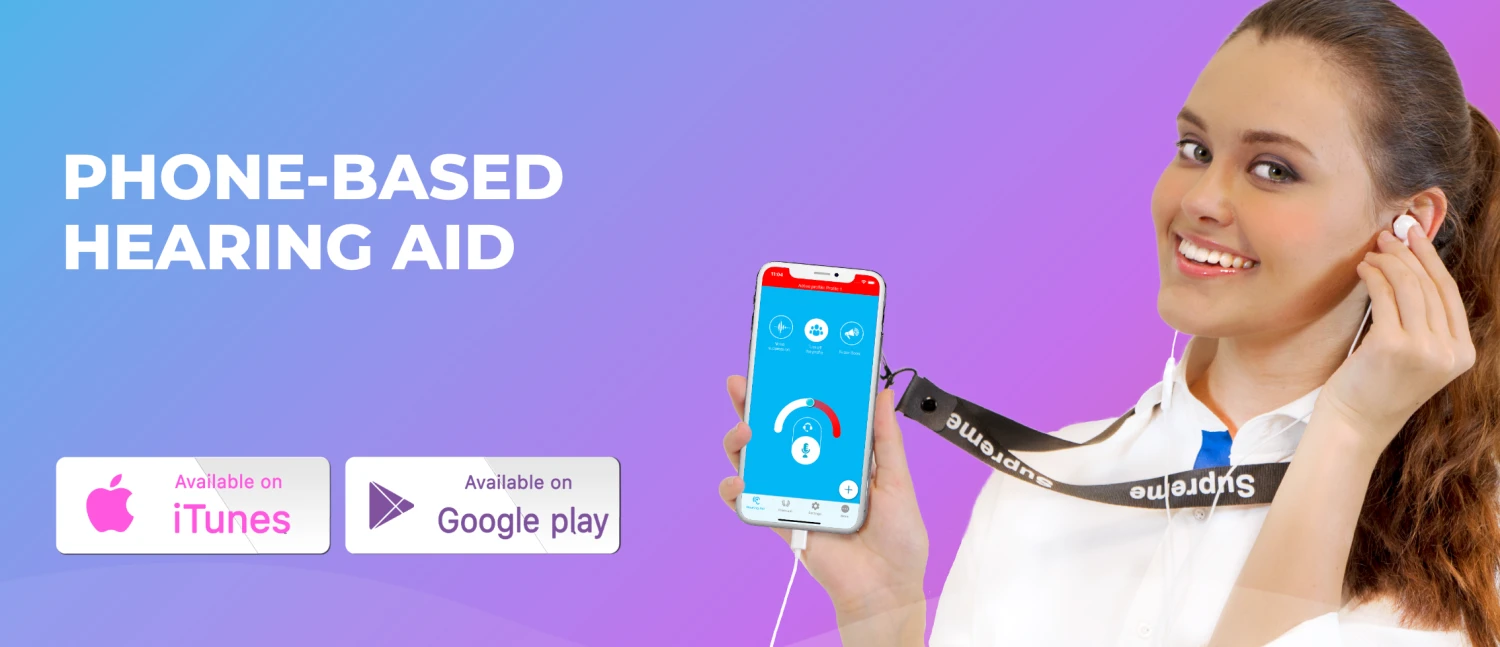 Woman using Petralex the phone based hearing aid application
